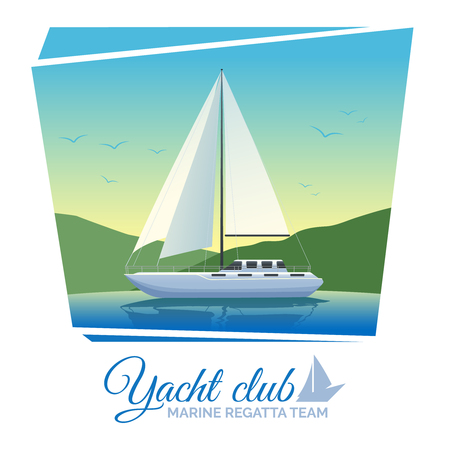 Yacht club poster with sailing ship on water flat vector illustrationのイラスト素材