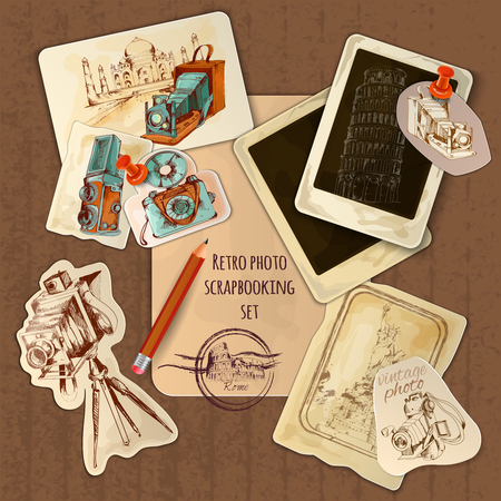 Vintage scrapbooking set with photo frames and retro cartoons vector illustrationのイラスト素材