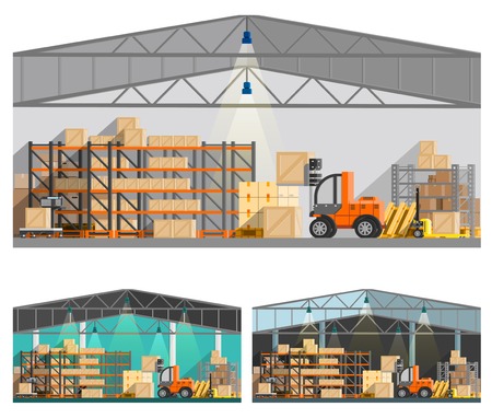 Warehouse and storage orthogonal compositions set with roof and lamps flat isolated vector illustrationのイラスト素材