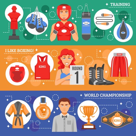 Sports attributes flat horizontal banners set with boxing training and clothes advertising and world championship awards and prizes collection vector illustrationのイラスト素材