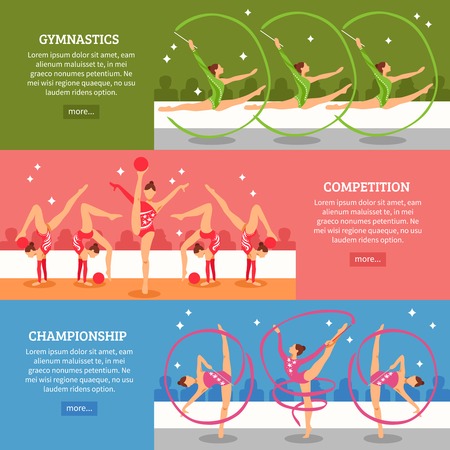 Art gymnastics horizontal banners with collection of female athletes participating in competitions and championship flat vector illustrationのイラスト素材