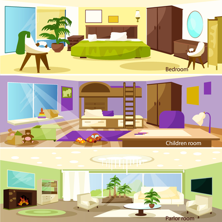 Horizontal colorful cartoon bedroom children and parlor room banners vector illustrationのイラスト素材
