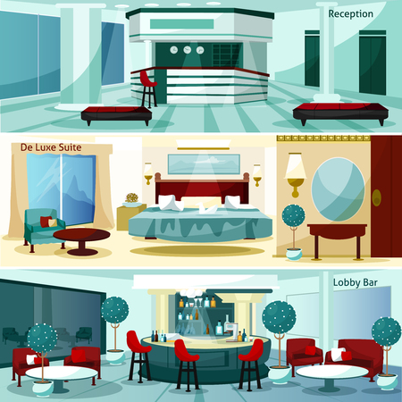 Three modern hotel interior de luxe suite and lobby bar horizontal banners cartoon vector illustrationのイラスト素材