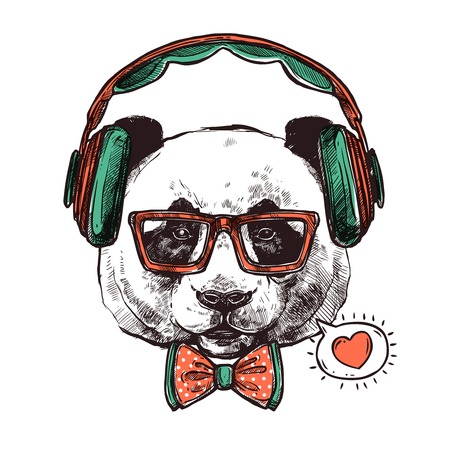 Hipster portrait panda with headphones glasses bow-tie and heart vector illustrationのイラスト素材