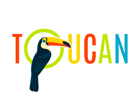 Toucan bird colorful nameplate design for boards tags labels and recreation areas names flat banner vector illustrationのイラスト素材