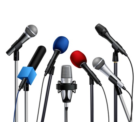 Different muiltcolored press conference microphones prepared for speaker set on white background realistic vector illustrationのイラスト素材