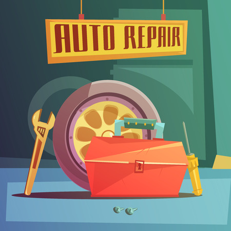 Auto repair cartoon background with spare parts and tools vector illustrationのイラスト素材