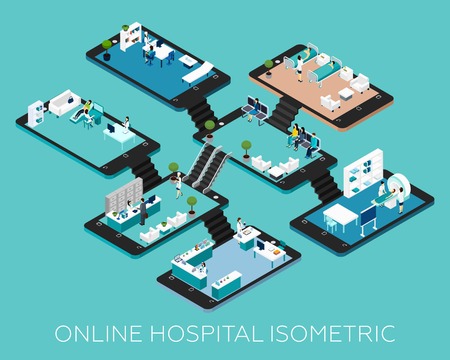 Online hospital isometric conceptual scheme icons with abstract rooms and stuff placed on smartphone bases vector illustrationのイラスト素材