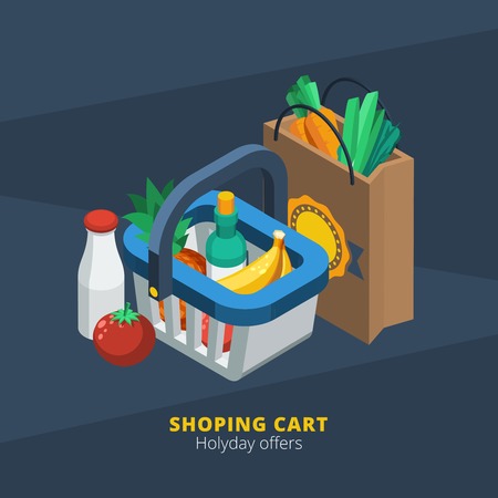 Isometric supermarket icon with shopping basket paper pack and food  vector illustrationのイラスト素材