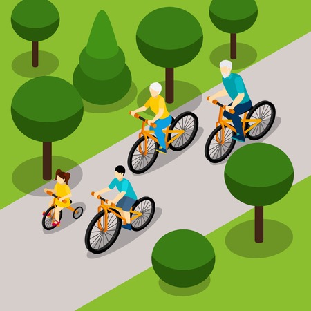 Grandparents with two children cycling in park isometric banner on  retired people active lifestyle abstract vector illustrationのイラスト素材