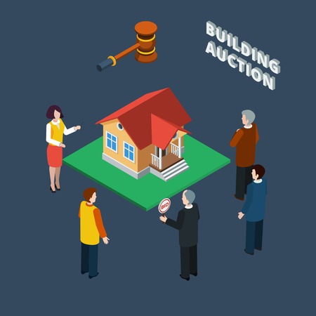 Building auction isometric flat icon set with binding people and female auctioneer vector illustrationのイラスト素材
