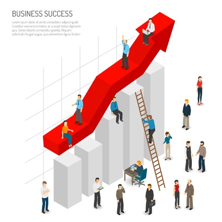 Business success poster of abstract diagram with red arrow growth and people around it isometric vector illustrationのイラスト素材
