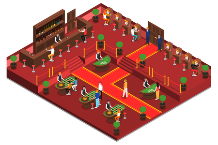 Casino isometric interior with game room bar slots and playing people vector illustrationのイラスト素材