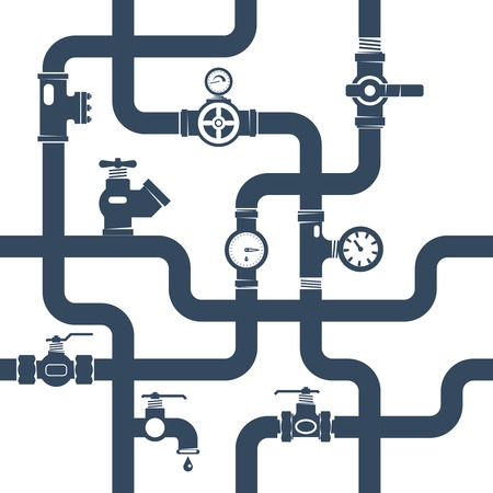 Pipes System Concept. Pipes Vector Illustration.Pipes Black White Flat Symbols. Pipes Black Design Set. Pipes System Decorative Elements.のイラスト素材