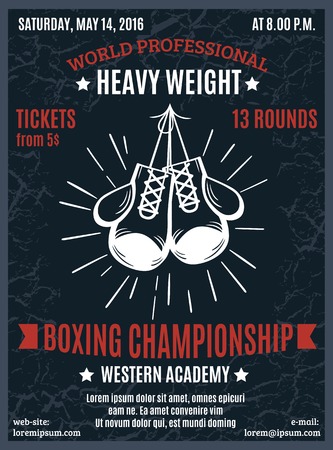 Boxing professional championship poster with heavy weight battle advertising and white boxer gloves in black background  vector illustrationのイラスト素材