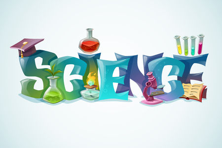 Science concept with decorative inscription and laboratory equipment for biology and chemistry scientific research colorful poster vector illustrationのイラスト素材