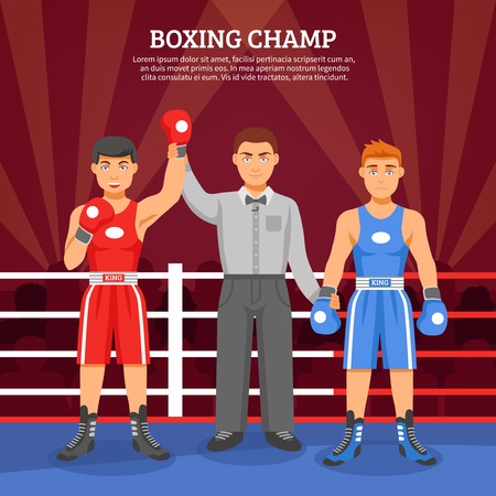 Boxing champ flat design composition with two boxers on ringside and referee lifting winner hand vector illustrationのイラスト素材