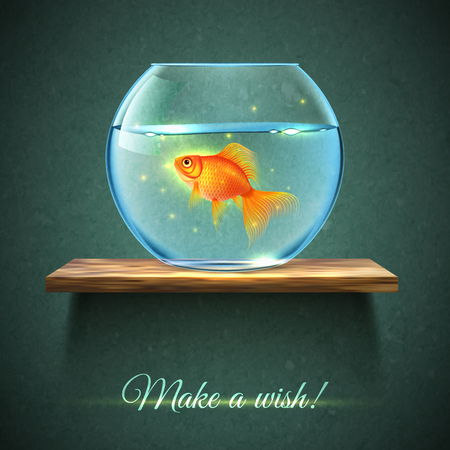 Realistic aquarium with gold fish on a wooden shelf poster and title make a wish vector illustrationのイラスト素材