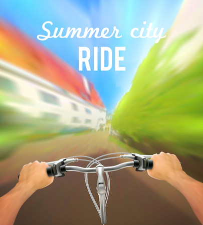 Handlebar colored poster with man on bike rides in the city and description summer city ride vector illustrationのイラスト素材