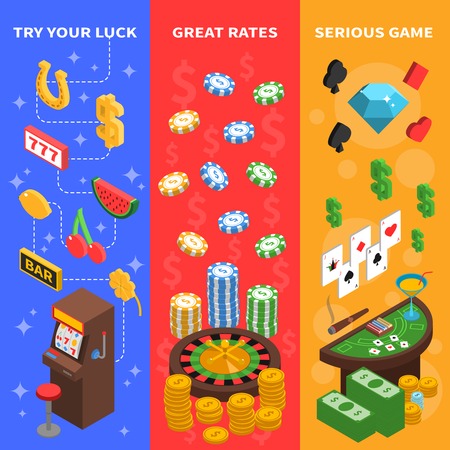 Casino three isometric vertical banners with table for playing poker roulette and slot machine  vector illustrationのイラスト素材