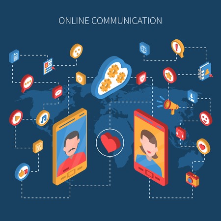 Social  isometric icon set with mobile devices and conceptual emblems of online communication vector illustrationのイラスト素材