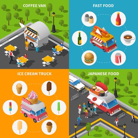 Street Food Isometric Concept. Street Food Car Icons Set. Street Food Cart Vector Illustration. Street Food Truck Symbols. Street Food Truck Design Set.  Street Food Van Elements Collection.のイラスト素材