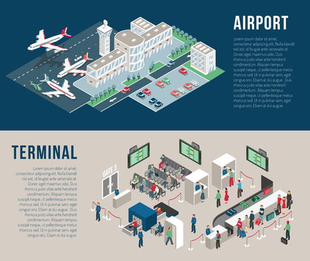 Airport isometric horizontal banners with parking hotel waiting hall front desk police detectors passengers isolated vector illustrationのイラスト素材