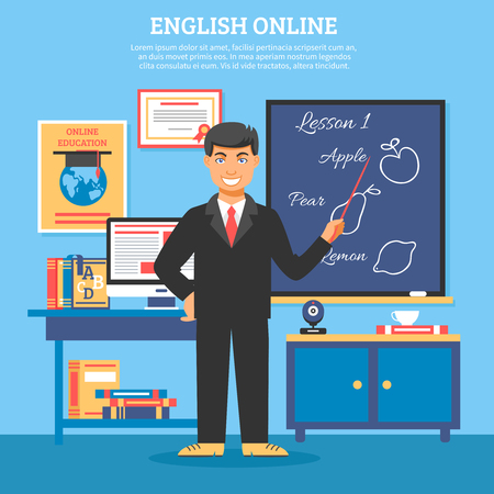 Online education training illustration poster with teacher standing at the blackboard and explaining the lesson vector illustrationのイラスト素材