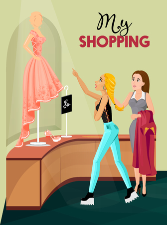 Young blonde girl  and seller looking at dummy in rose dress in interior of clothes shop flat vector illustrationのイラスト素材
