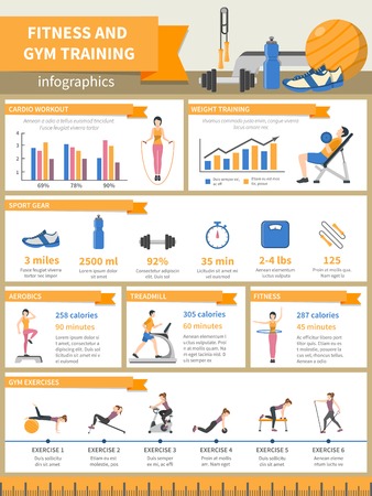 Fitness and gym training infographics presenting sport gear and describing exercises with pictures diagrams time and burnt calories flat vector illustrationのイラスト素材