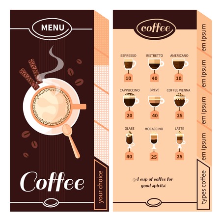 Coffee menu design for coffeehouse restaurant cafe or bar with names of coffee types plate and cigars flat vector illustrationのイラスト素材