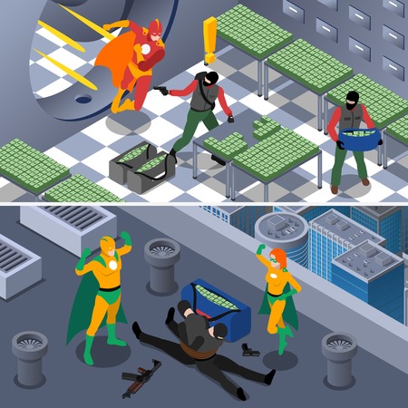 Superhero And Robbery Isometric Concept. Superheroes Horizontal Banners. Superhero Vector Illustration. Superhero And Bank Robbery Set. Superhero Saving Bank Design Symbols. Superhero Elements Collection. Superheroes And Robbery Compositions.のイラスト素材