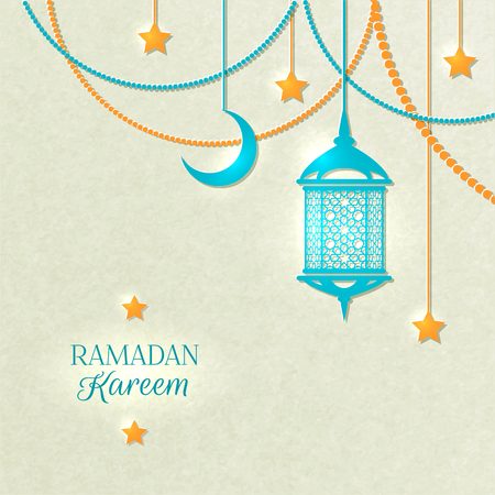 Ramadan light color poster with beads yellow lamp and stars hanging from the ceiling on gray background vector illustrationのイラスト素材