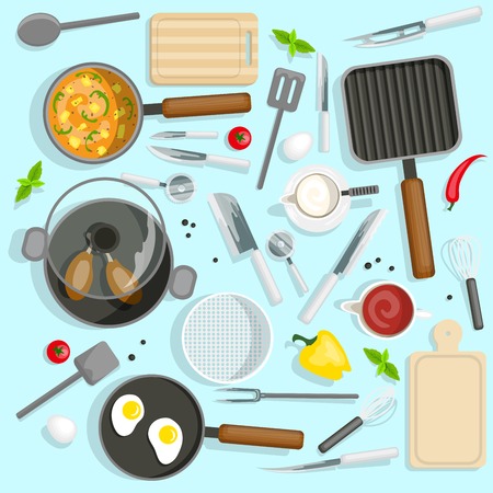 Cooking Top View Set. Chef Workplace Vector Illustration. Kitchen Utensils Cartoon Symbols. Kitchen Devices Design Set.  Kitchen And Cooking Isolated Set.のイラスト素材