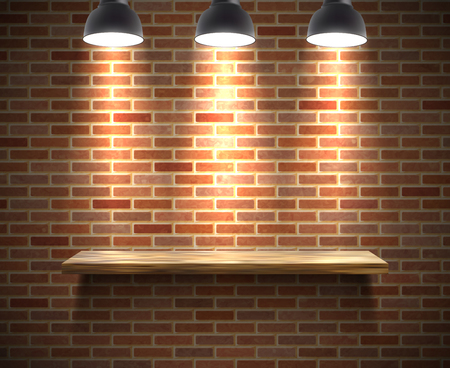 Realistic wooden empty shelf illustration on a brick wall under the spotlight with shadow vector illustrationのイラスト素材