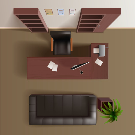 Office work room with wooden bookshelves desk computer plant and leather sofa top view realistic vector illustrationのイラスト素材