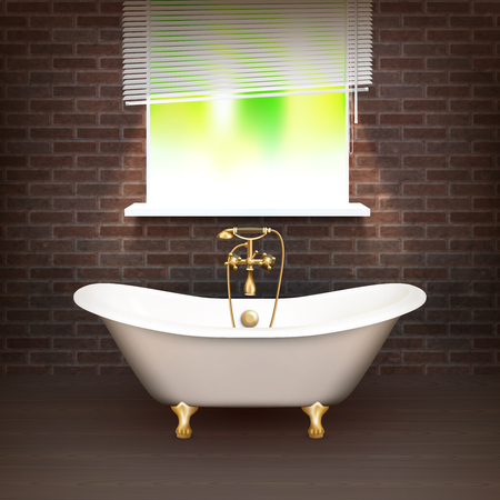 Realistic Bathroom Poster with vintage bathtub on wooden floor and a brick wall across from the window vector illustrationのイラスト素材