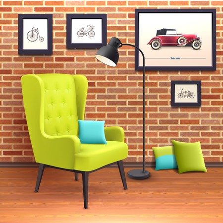 Realistic soft chair poster red standing in the corner of the room with a blue pillow on seat vector illustrationのイラスト素材
