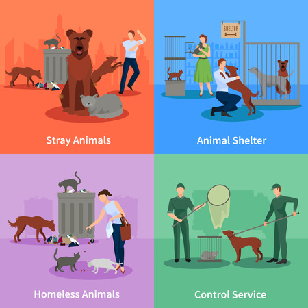 Stray animals icons set conduct outside their habits shelter and control service vector illustrationのイラスト素材