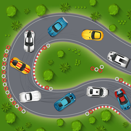 Cars Drifting Top View Background. Rally Cars Drifting Vector Illustration. Sport Cars Drifting Cartoon Design. Racing Cars Drifting Decorative Symbols.のイラスト素材