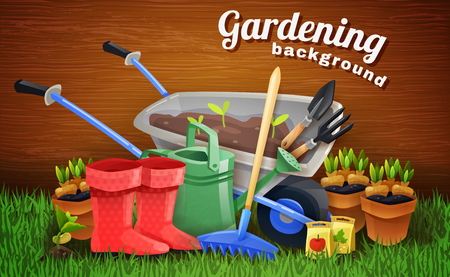 Colorful gardening background with farm tools handcart rubber boots watering can and pots with seedlings on green grass flat vector illustrationのイラスト素材