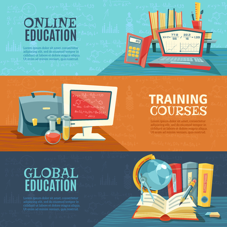 Global modern school education concept with training courses online 3 horizontal banners set abstract isolated vector illustrationのイラスト素材