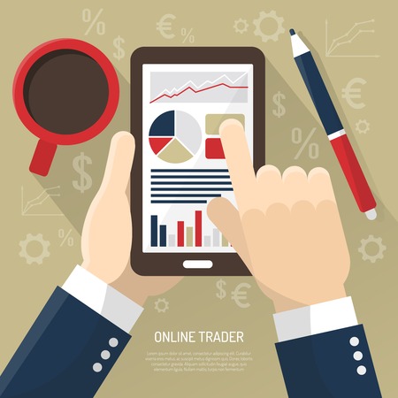 Stock market on smartphone with hands of trader cup of coffee stylus on beige background vector illustrationのイラスト素材