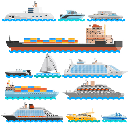 Water transport flat decorative icons set of dry cargo ships cruise liners yachts sailboats isolated vector illustrationのイラスト素材