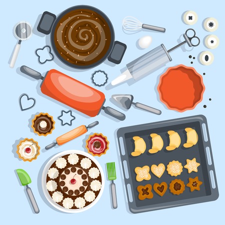 Bakery Top View Set. Confectionery Vector Illustration. Pastry Cartoon Symbols. Bakery Design Set.  Bakery Isolated Set.のイラスト素材