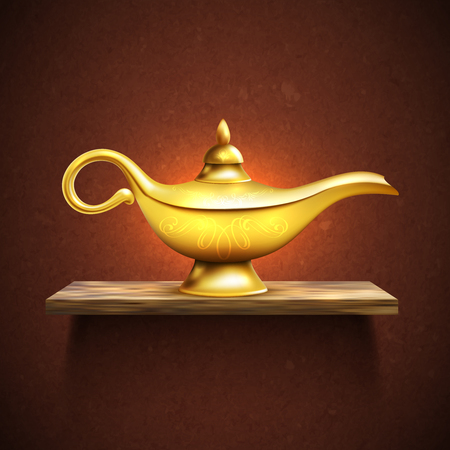 Realistic Aladdin golden lamp on wooden shelf colored poster with magical glow vector illustrationのイラスト素材