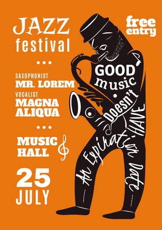 Jazz festival in music hall advertisement bill poster with black musician silhouette and lettering abstract vector illustrationのイラスト素材