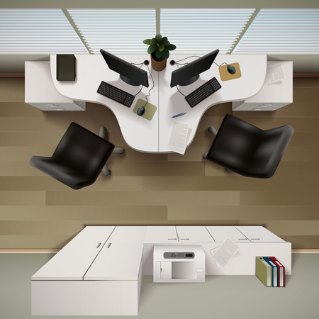 Office Interior  Background. Office Interior Vector Illustration. Office Interior Design. Office Interior Realistic Decorative Illustration. Office Interior Top View Illustration.のイラスト素材