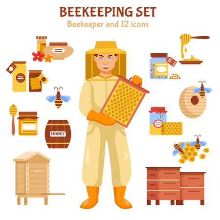 Beekeeping honey icon set with man working with honey other attributes and elements vector illustrationのイラスト素材