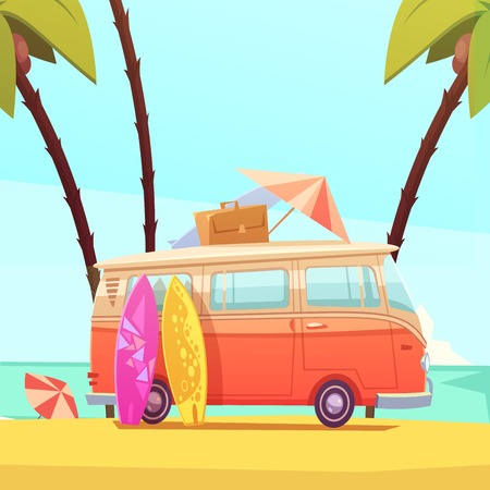 Surfing and bus with surfboards case and umbrella ready for trip flat retro cartoon vector illustrationのイラスト素材